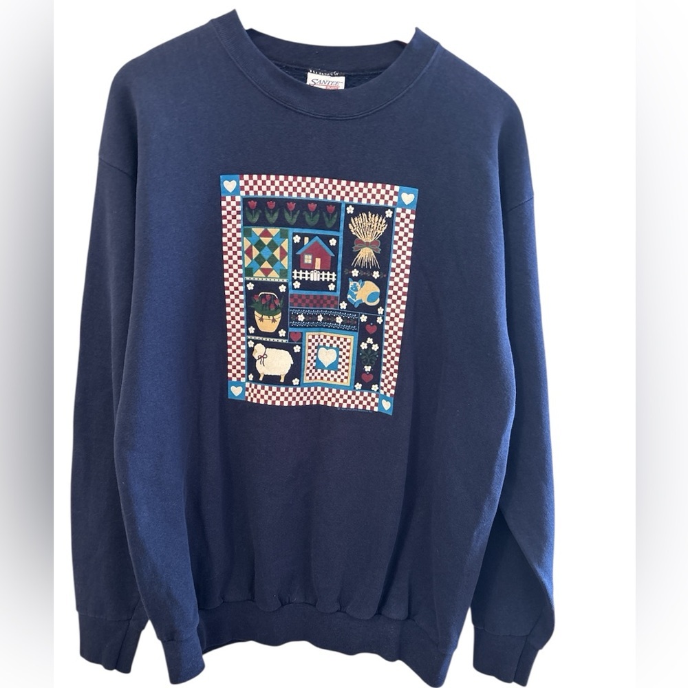 Vintage Santee SweatshirtWomen’s Size L BlueCountry FarmhousePatchworkGraphicUSA